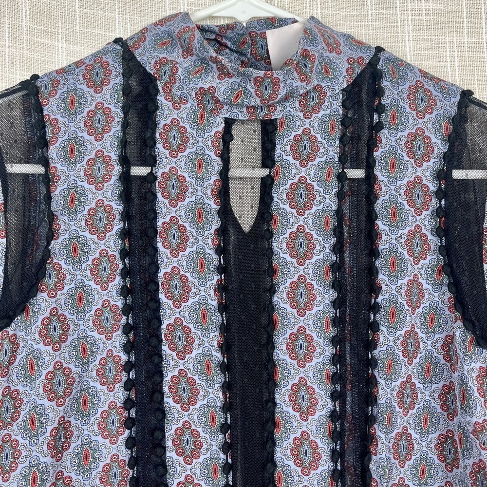 Cinq à Sept Blue and Red Patterned Blouse with Black Sheer Accents